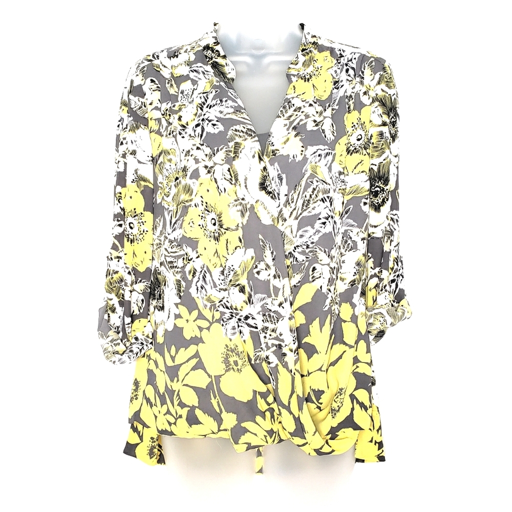 Floral Long Button Tab Sleeves V Neck Blouse